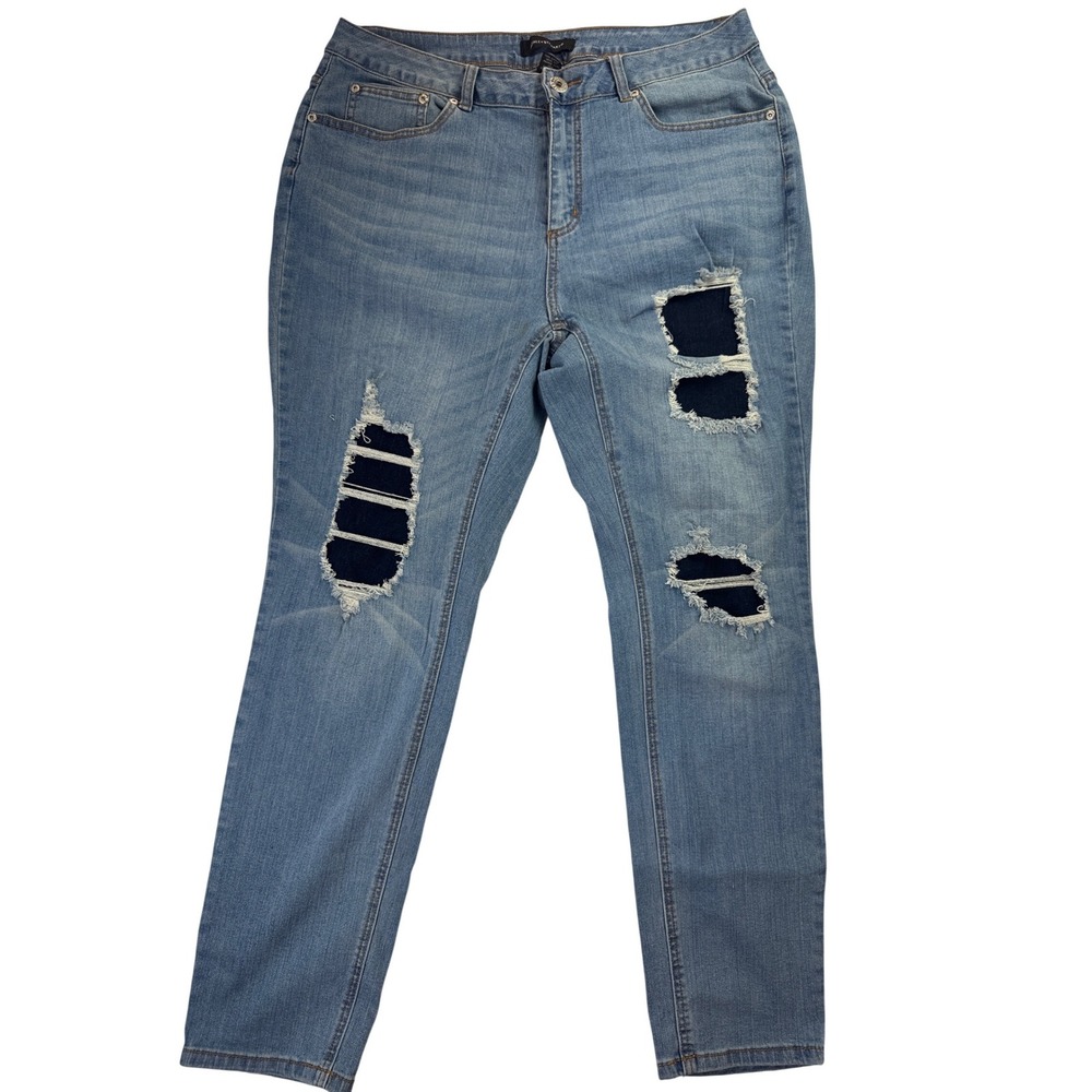 Ashley Stewart Distressed Patchwork Skinny Jean med Wash Blue Size 16 Distressed